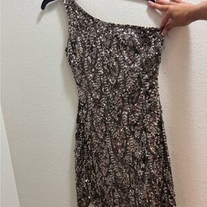 Scala One-Shoulder Sequin Dress in Silver and Black